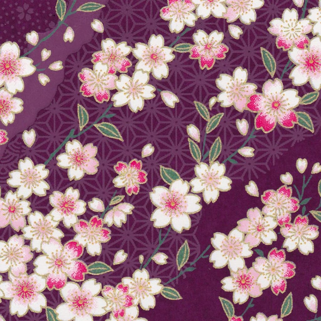 Papier japonais Sakura – Fleurs de cerisier sur fond prune –