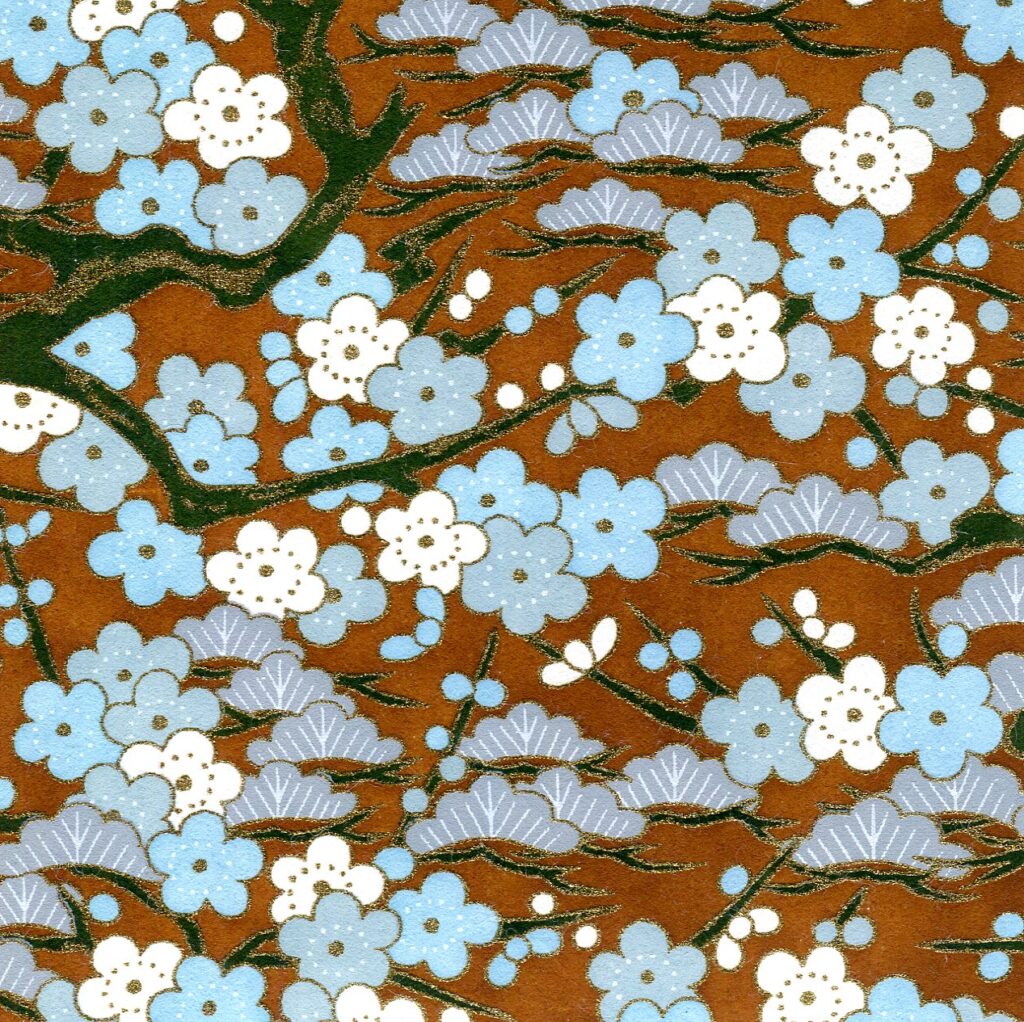 Papier japonais Ume -Fleurs de prunier branches et nuages sur fond marron-