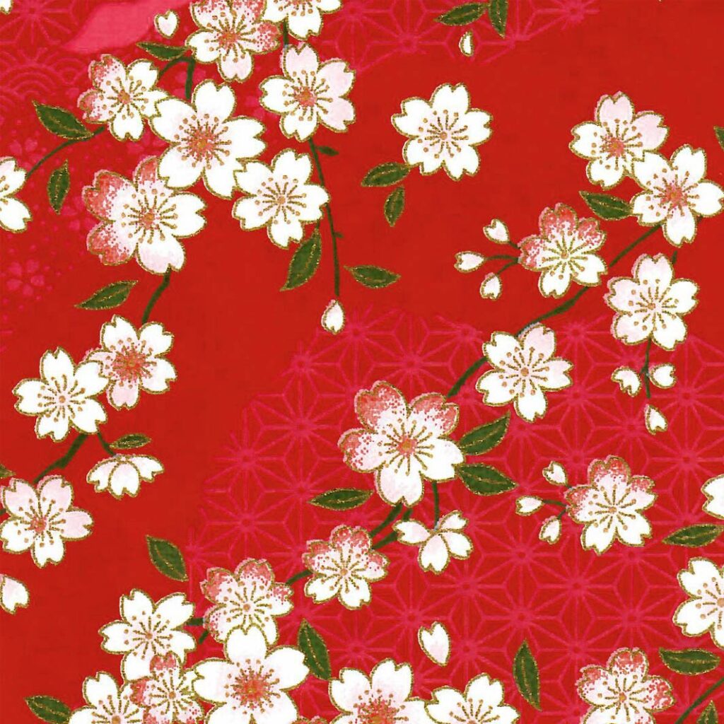 Papier japonais Sakura – Fleurs de cerisier sur fond rouge –