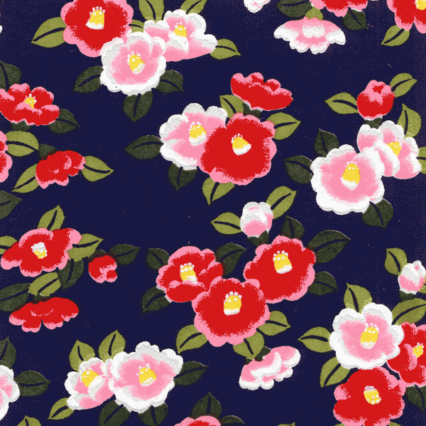 Papier japonais Tsubaki – Fleurs de camélia sur fond bleu marine –