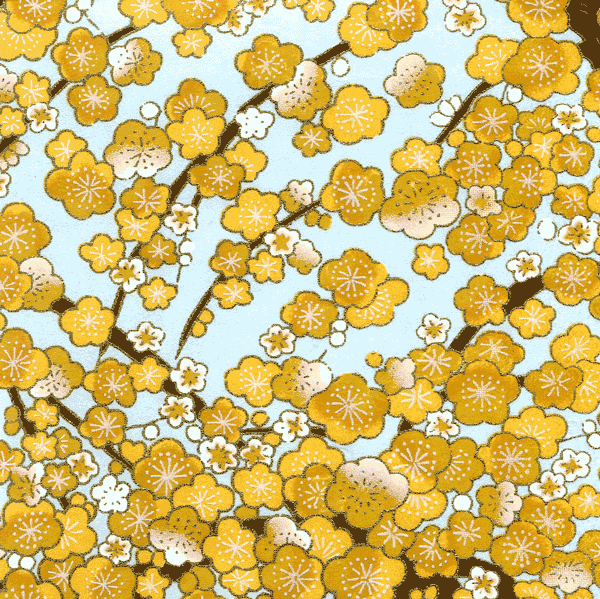 Papier japonais Ume -Fleurs de prunier moutarde sur fond bleu ciel-