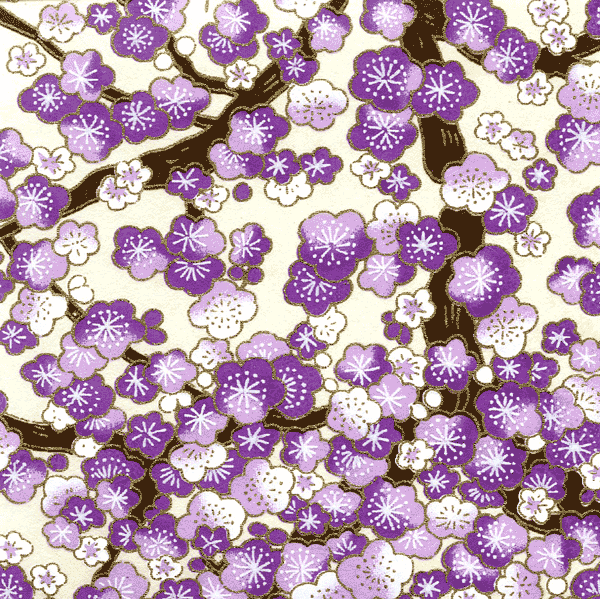 Papier japonais Ume -Fleurs de prunier violettes sur fond crème-