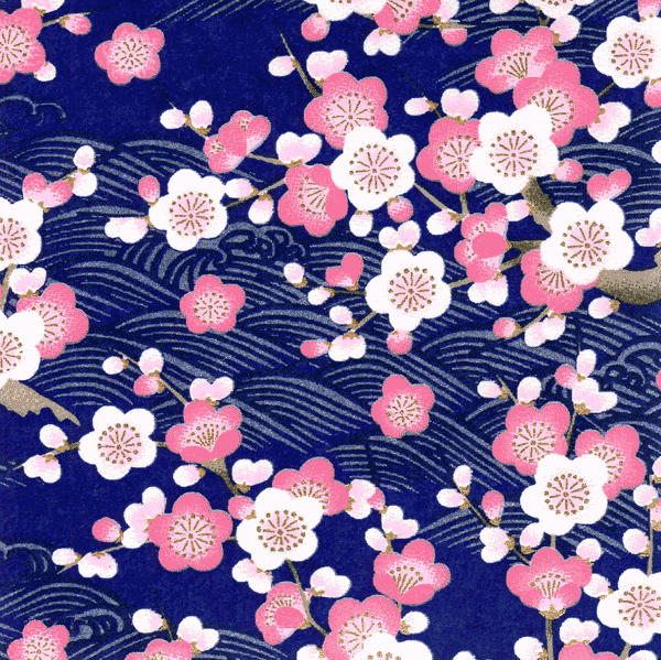 Papier japonais Ume -Fleurs de prunier roses sur fond bleu marine –