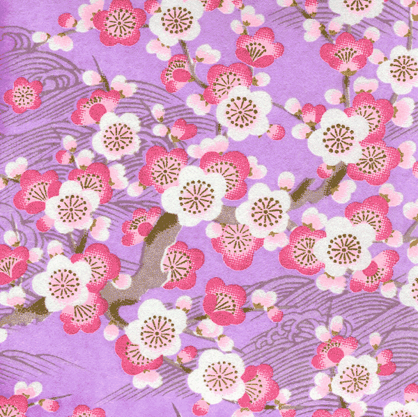 Papier japonais Ume -Fleurs de prunier roses sur fond mauve-