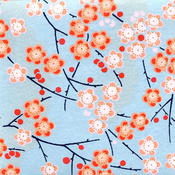 Papier japonais Ume -Fleurs de prunier branches sur fond bleu ciel et nuage argenté-