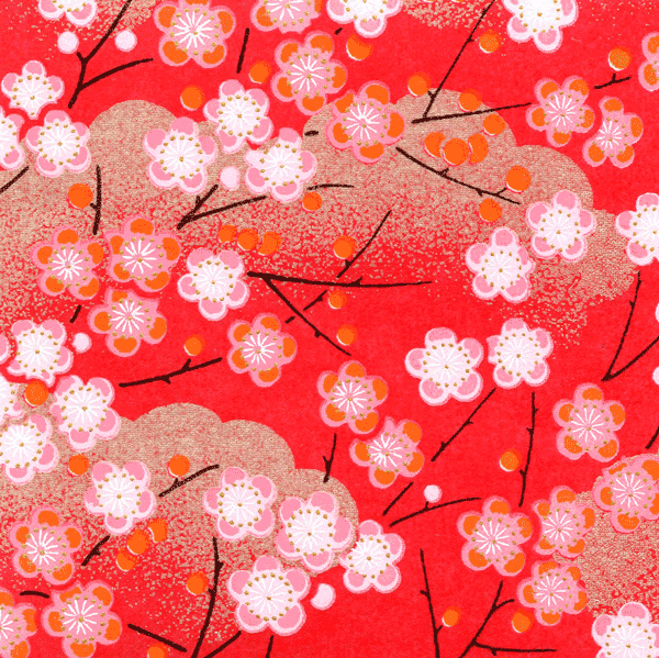 Papier japonais Ume -Fleurs de prunier branches sur fond rouge et nuage doré-