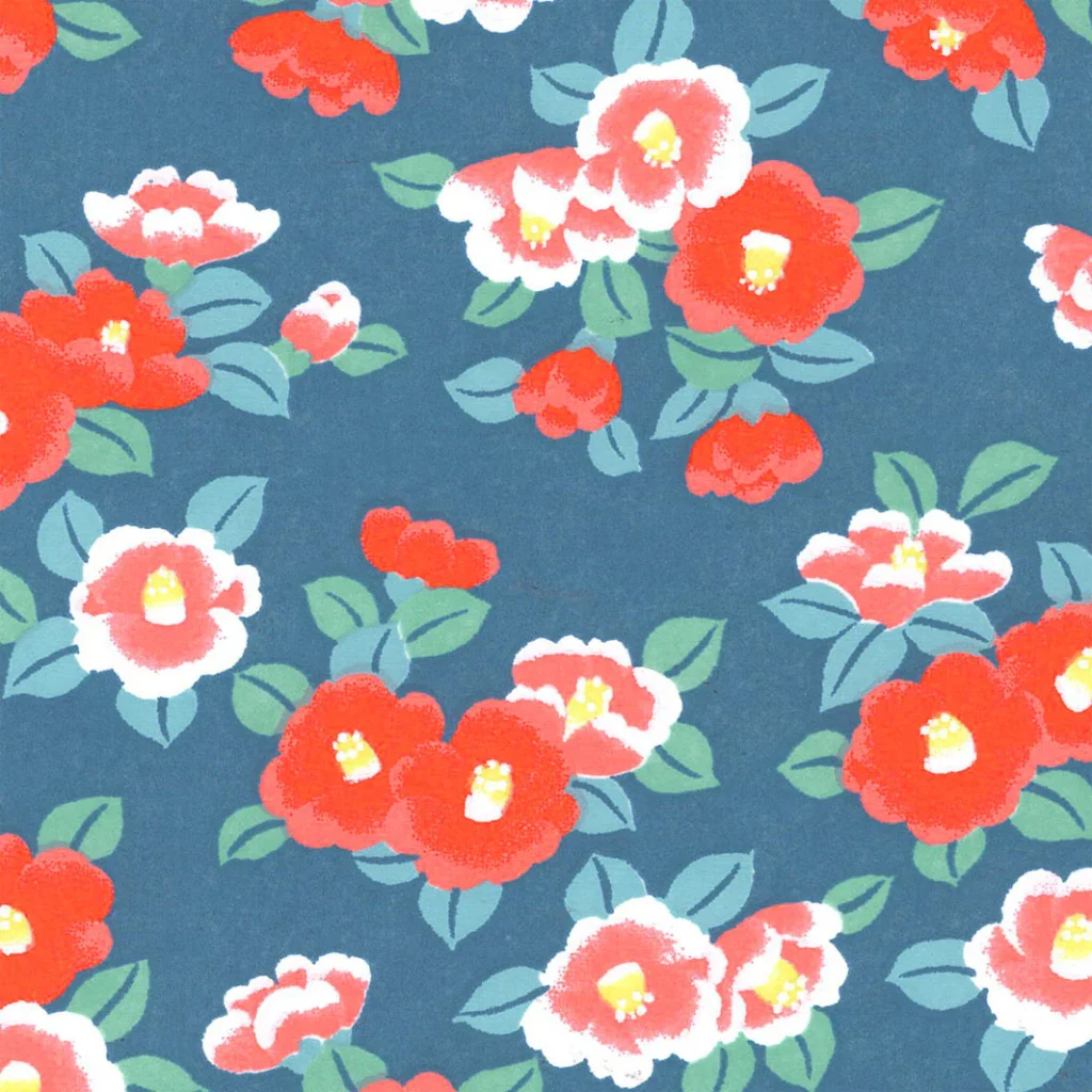 Papier japonais Tsubaki – Fleurs de camélia sur fond bleu –