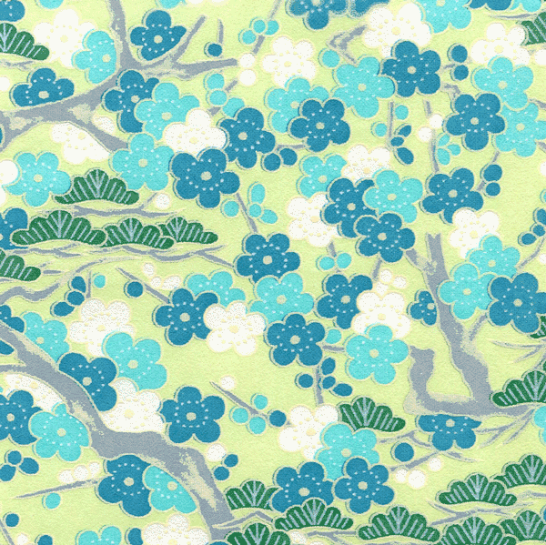 Papier japonais Ume -Fleurs de prunier branches et nuages sur fond vert pâle-