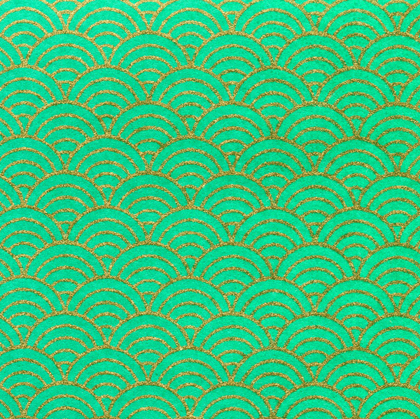 Papier japonais Seigaiha – Grandes vagues or sur fond émeraude –