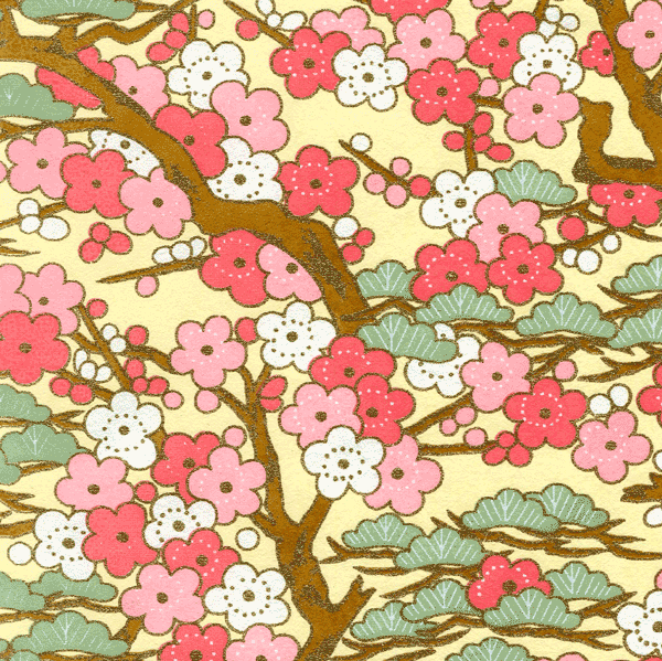Papier japonais Ume -Fleurs de prunier branches et nuages sur fond jaune pâle-