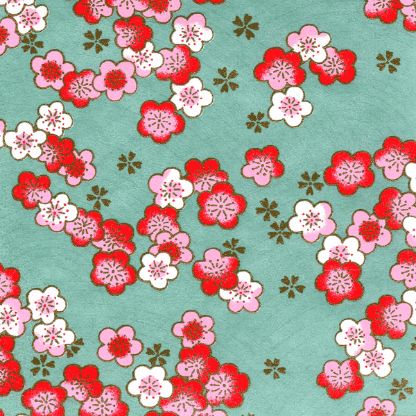 Papier japonais Ume -Fleurs de prunier roses et rouges sur fond lagon-
