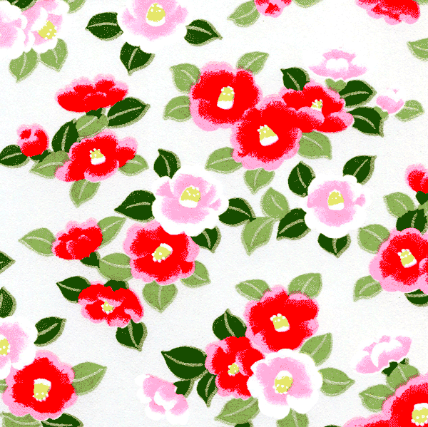 Papier japonais Tsubaki – Fleurs de camélia sur fond blanc nacré –