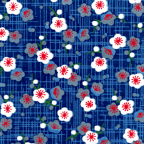 Papier japonais Ume -Fleurs de prunier blanches et grises sur fond bleu rétro –